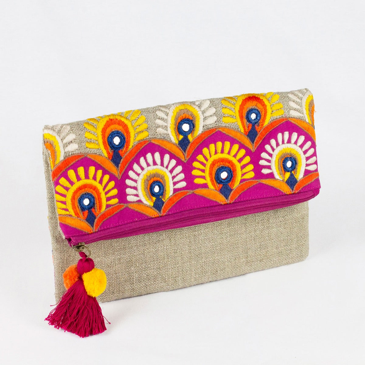 Pochette boho chic in lino con ricami multicolor in cotone
