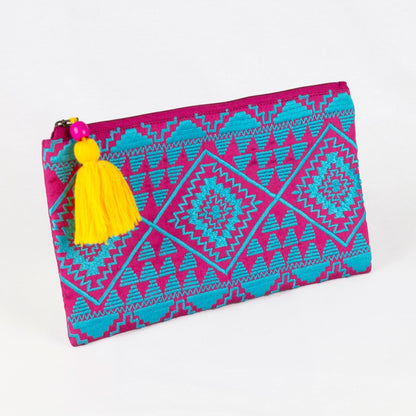 Trousse ricamata rosa e turchese