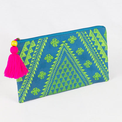 Trousse ricamata verde brillante e turchese