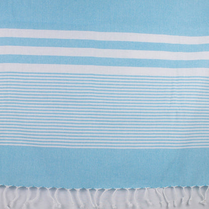Telo fouta turchese e bianco con frange