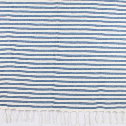 Telo fouta bianco e blu a righe con frange